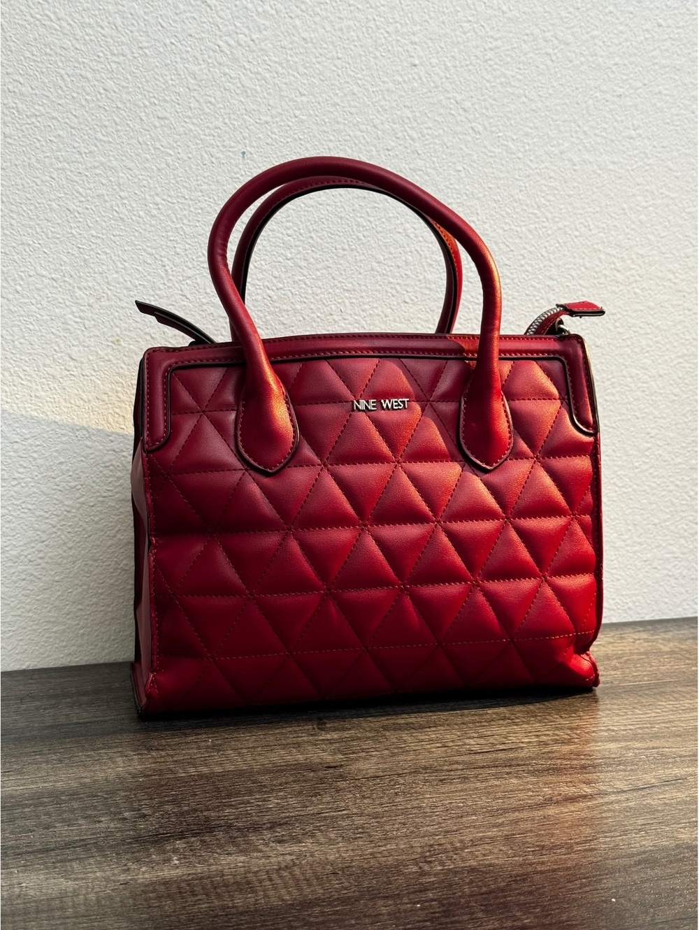 Nine West Red Quilted Satchel Handbag Top Handle Crossbody Shoulder Bag